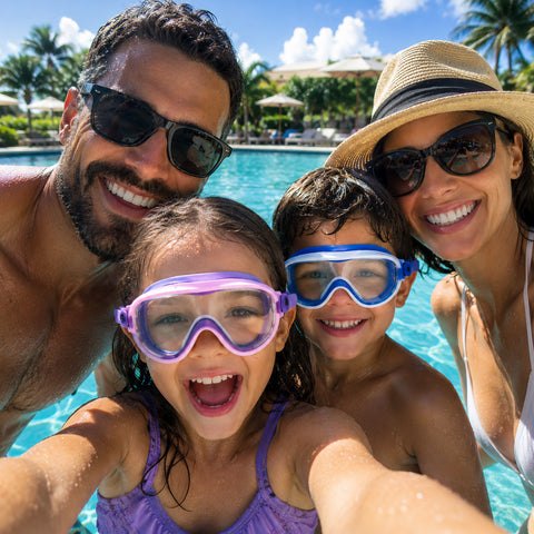 Familie im Pool, die Kinder tragen Schwimmbrillen